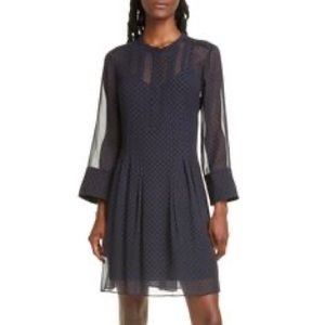Navy dot silk pintuck dress Club Monaco never worn size 6
